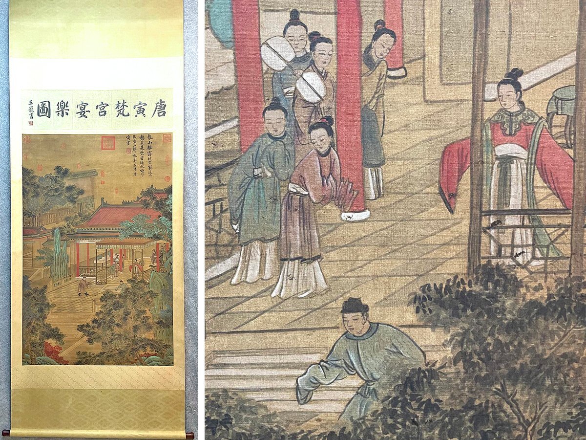 安】中国明時代画家「唐寅書」絹本「山水人物図」掛軸 中国画 安】中国明時代画家「唐寅書」絹本「山水人物図」掛軸 中国画