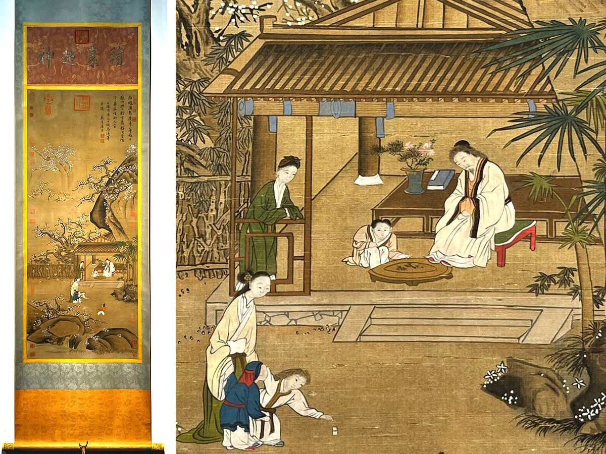 安】中国明時代画家「唐寅書」絹本「人物故事図」掛軸 共箱 安】中国明時代画家「唐寅書」絹本「人物故事図」掛軸 共箱