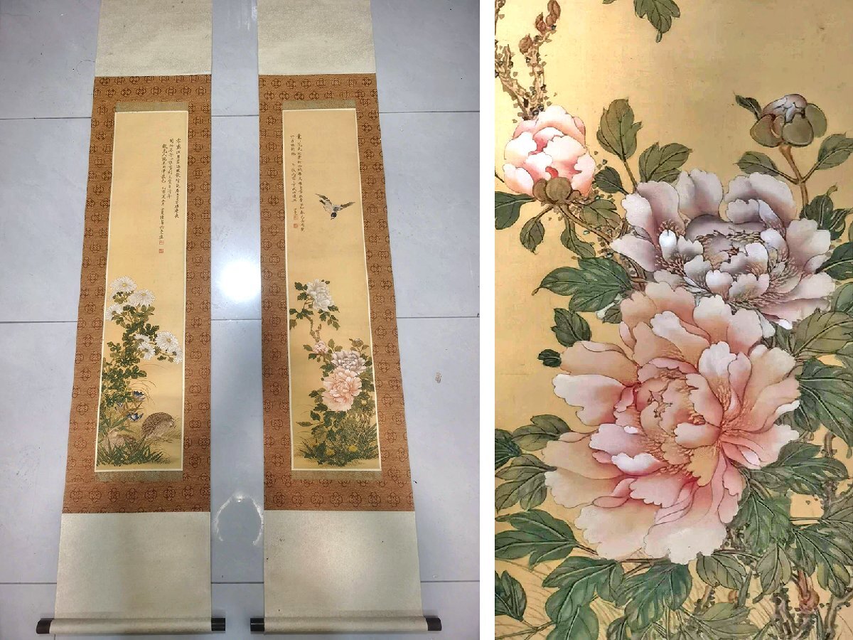安】中国近時代画家「陸小曼書」絹本「花鳥図対屏」掛軸 中国画 安】中国近時代画家「陸小曼書」絹本「花鳥図対屏」掛軸 中国画