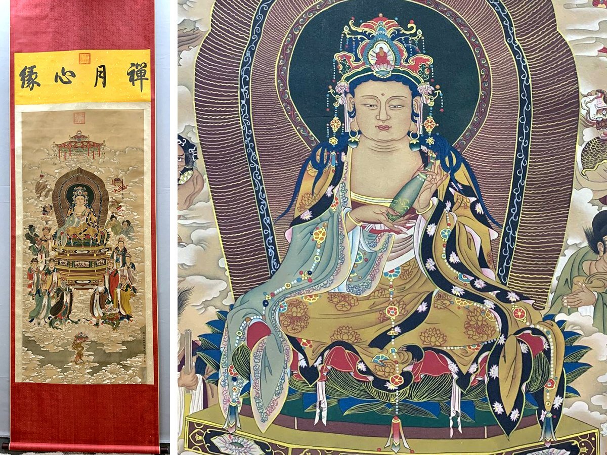 安】中国明時代画家「呉彬書」絹本「仏像図」掛軸 中国画 墨寶妙