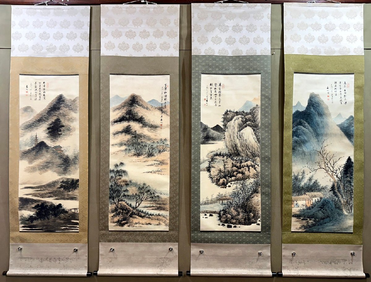 安】中国近時代画家「啓功書」紙本「山水図四条屏」掛軸 共箱 安】中国近時代画家「啓功書」紙本「山水図四条屏」掛軸 共箱
