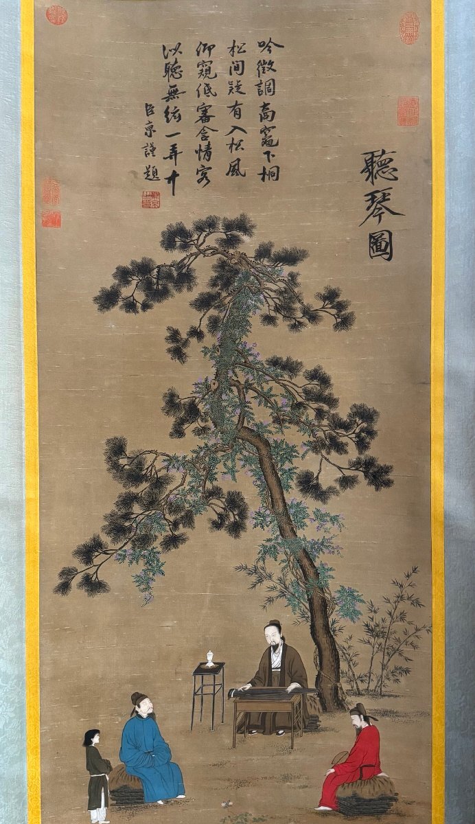 安】中国宋時代「宋徽宗皇帝御書」絹本「聴琴図」掛軸 中国画 安】中国宋時代「宋徽宗皇帝御書」絹本「聴琴図」掛軸 中国画