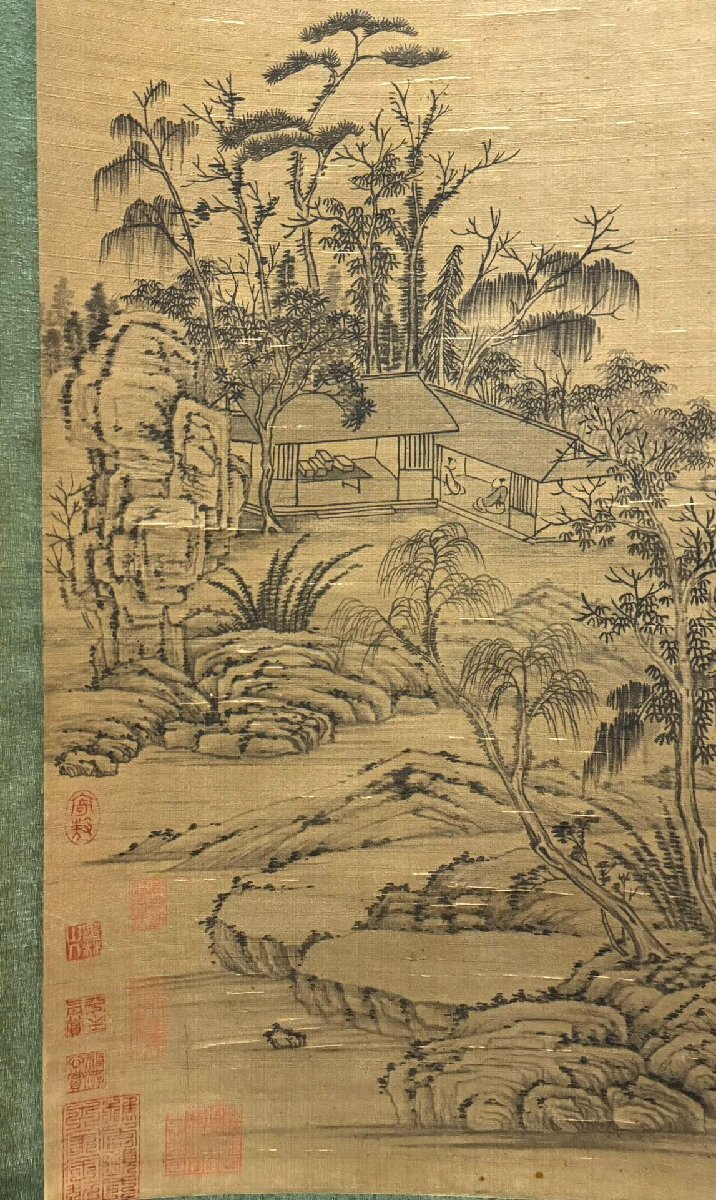 安】中国元時代画家「倪ザン書」絹本「山水図」掛軸 中国画 墨寶 安】中国元時代画家「倪ザン書」絹本「山水図」掛軸 中国画 墨寶