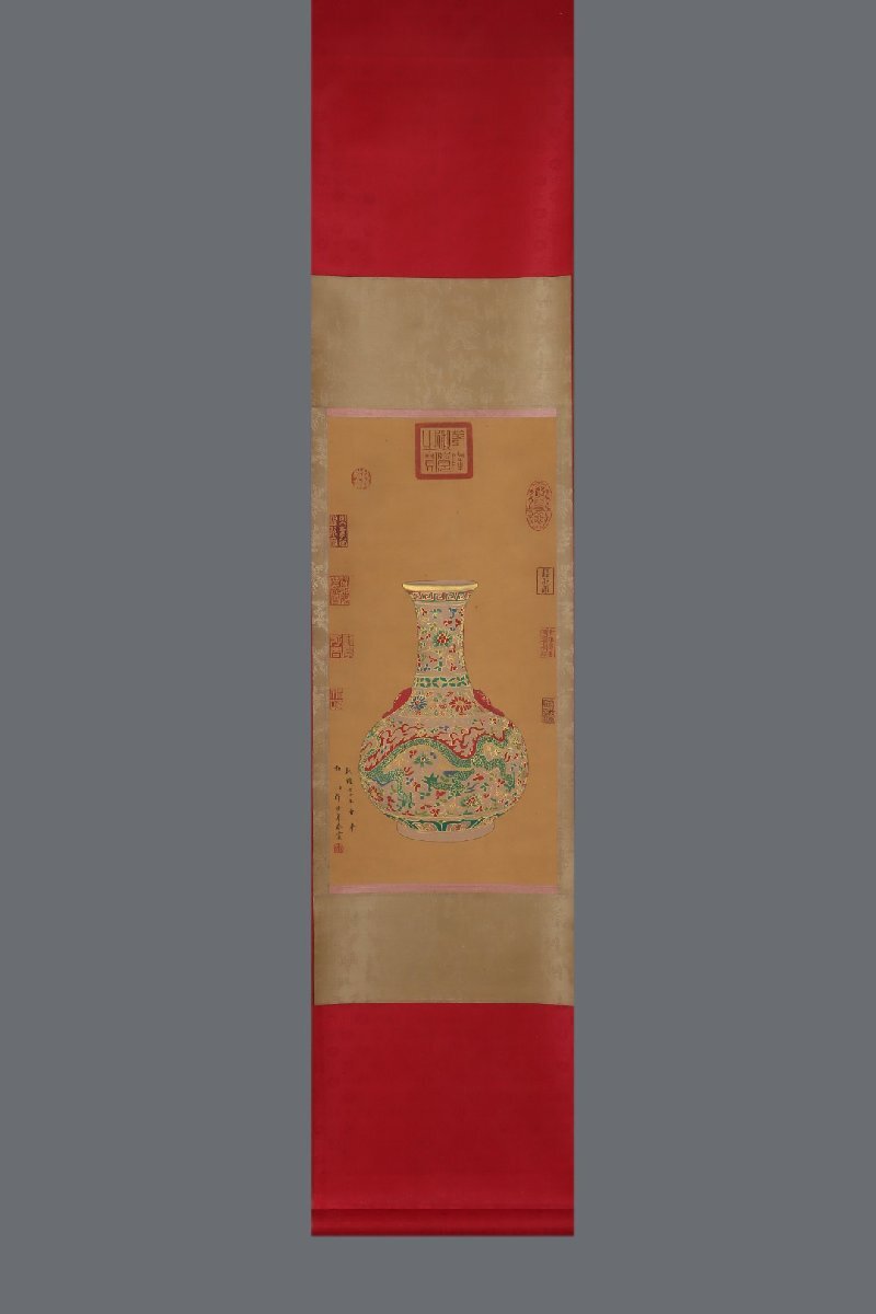 安】明時代 紅緑彩描金花卉龍紋双耳瓶 郎世寧絵 絹本【磁器瓶図 安】明時代 紅緑彩描金花卉龍紋双耳瓶 郎世寧絵 絹本【磁器瓶図