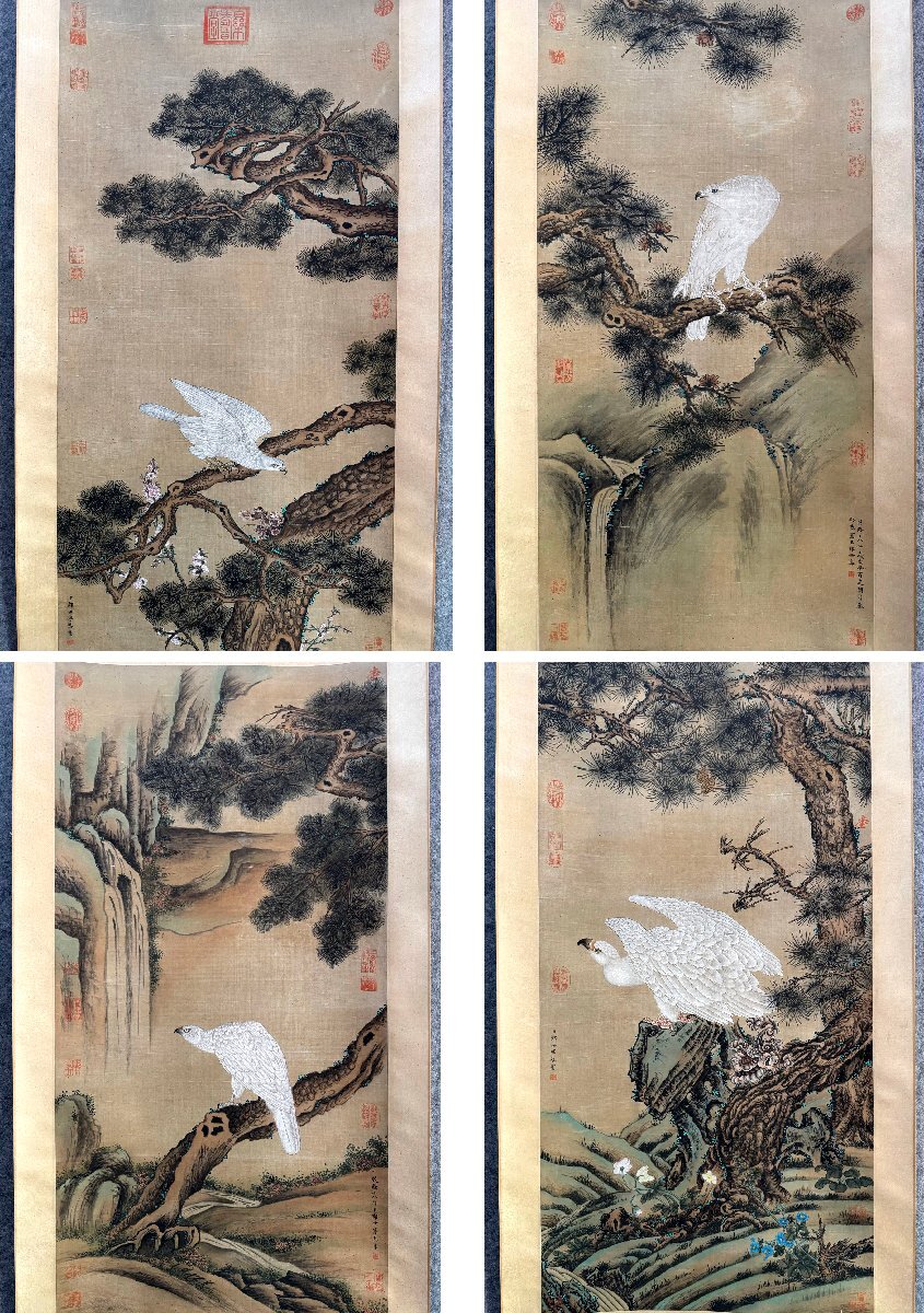安】中国清時代画家「郎世寧書」絹本「白鷹図四条屏」掛軸 安】中国清時代画家「郎世寧書」絹本「白鷹図四条屏」掛軸