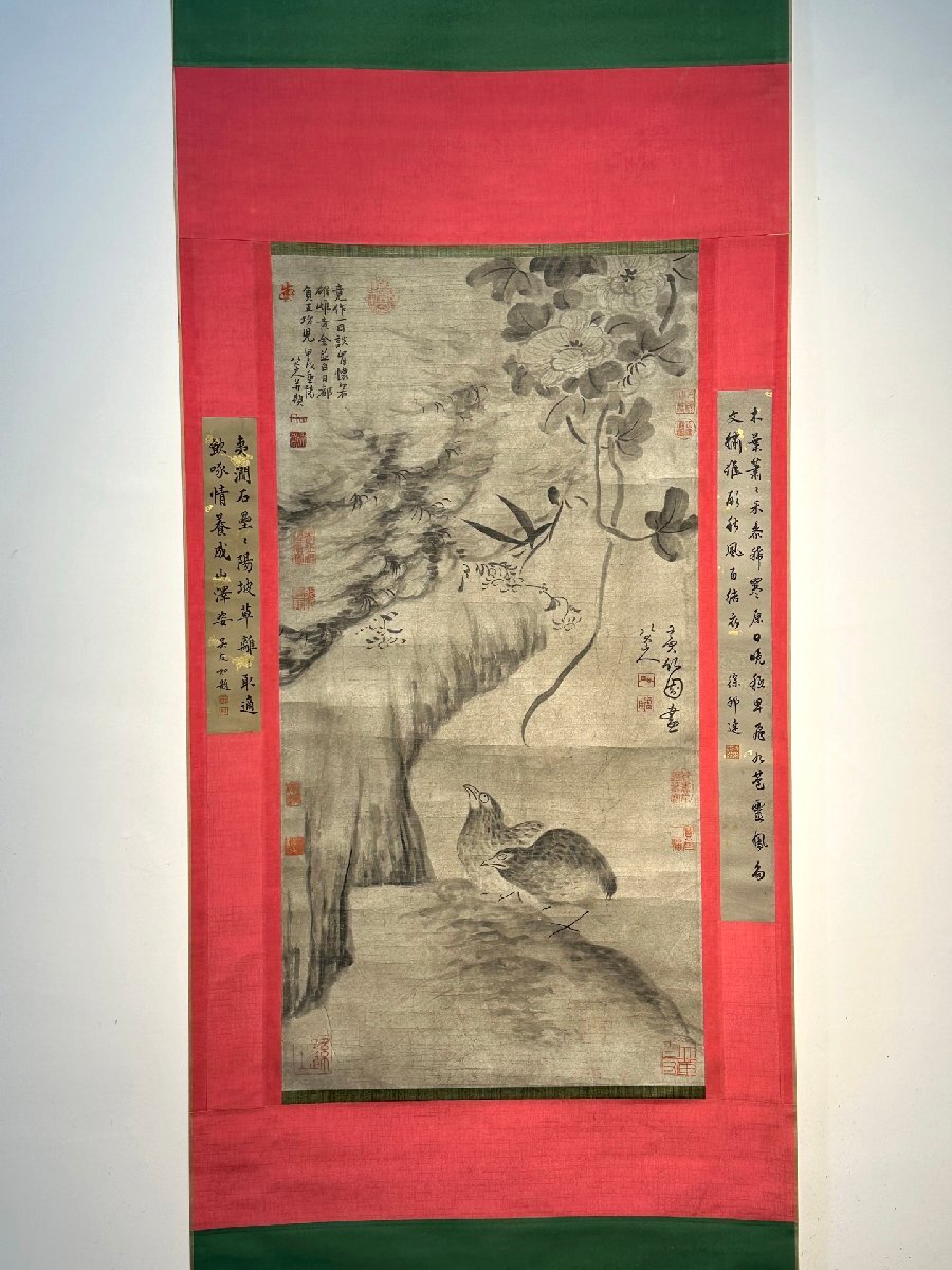 安】中国清時代画家「八大山人書」紙本「水墨花鳥図」掛軸 安】中国清時代画家「八大山人書」紙本「水墨花鳥図」掛軸