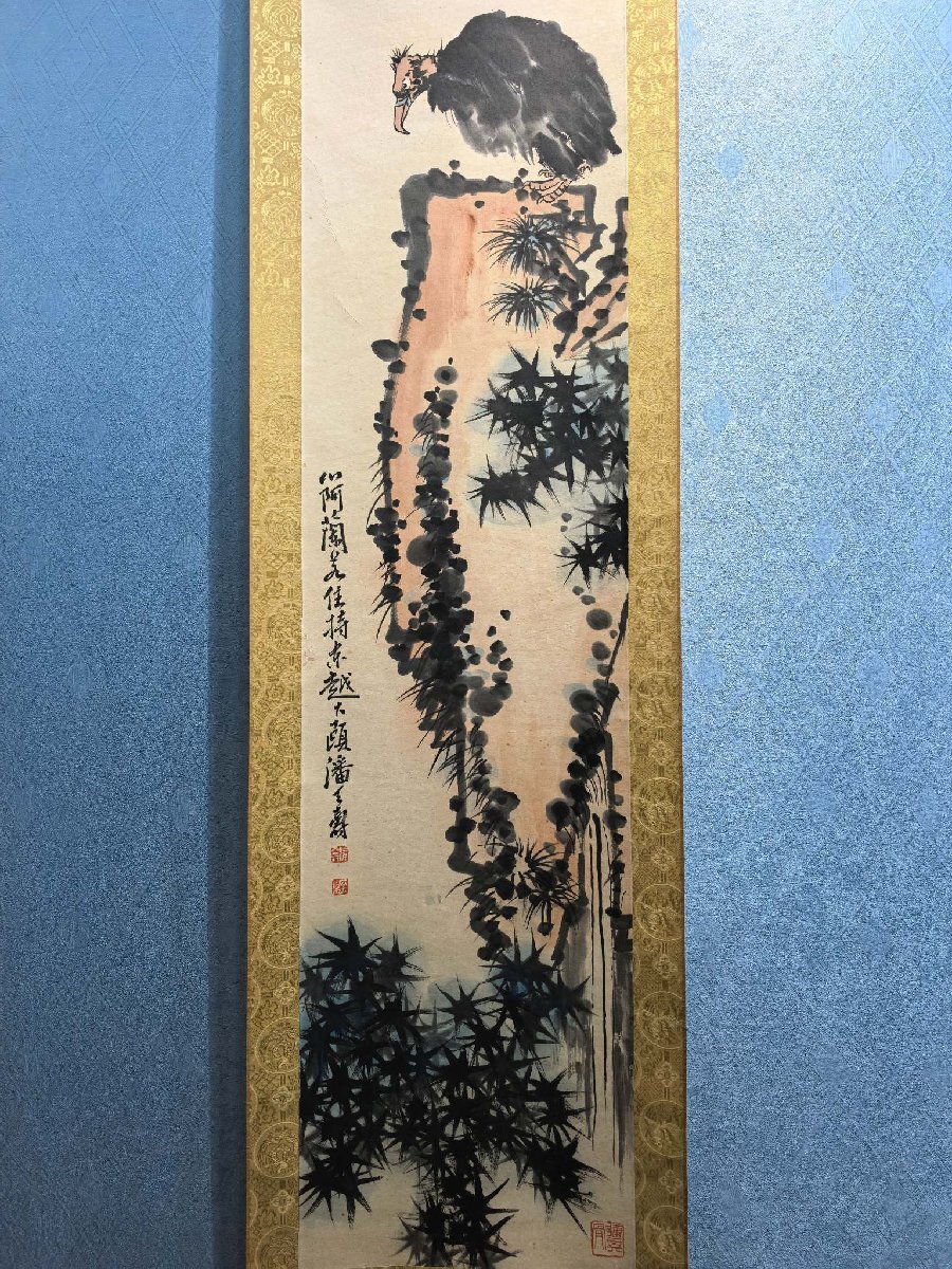 安】中国近時代画家「潘天寿書」紙本「花鳥図対屏」掛軸 共箱