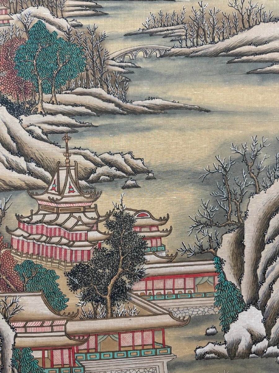 人気ショップ 安】中国清時代画家「董邦達書」絹本「雪景山水図」掛軸 中国画 工芸品