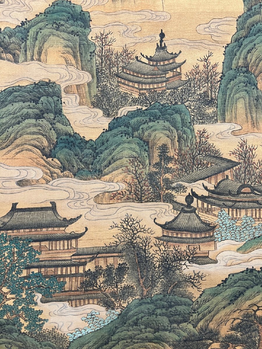 安】中国明時代画家「文徴明書」絹本「山水楼閣図」掛軸 中国画 安】中国明時代画家「文徴明書」絹本「山水楼閣図」掛軸 中国画