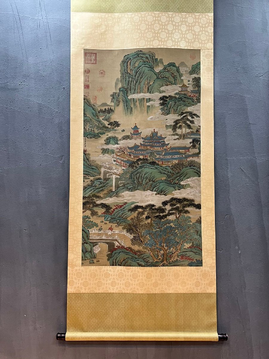 安】中国明時代画家「唐寅書」絹本「山水楼閣図」掛軸 中国画 安】中国明時代画家「唐寅書」絹本「山水楼閣図」掛軸 中国画