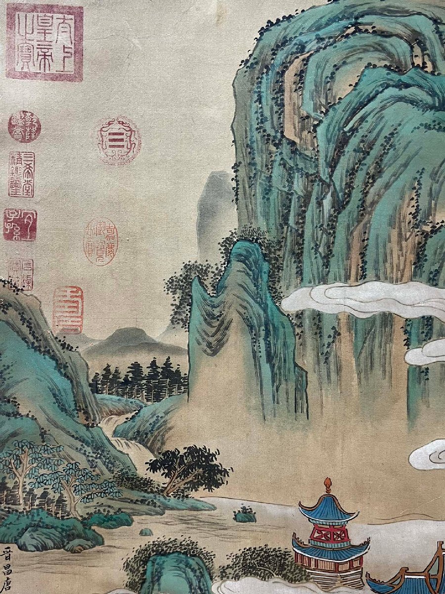 安】中国明時代画家「唐寅書」絹本「山水楼閣図」掛軸 中国画 安】中国明時代画家「唐寅書」絹本「山水楼閣図」掛軸 中国画