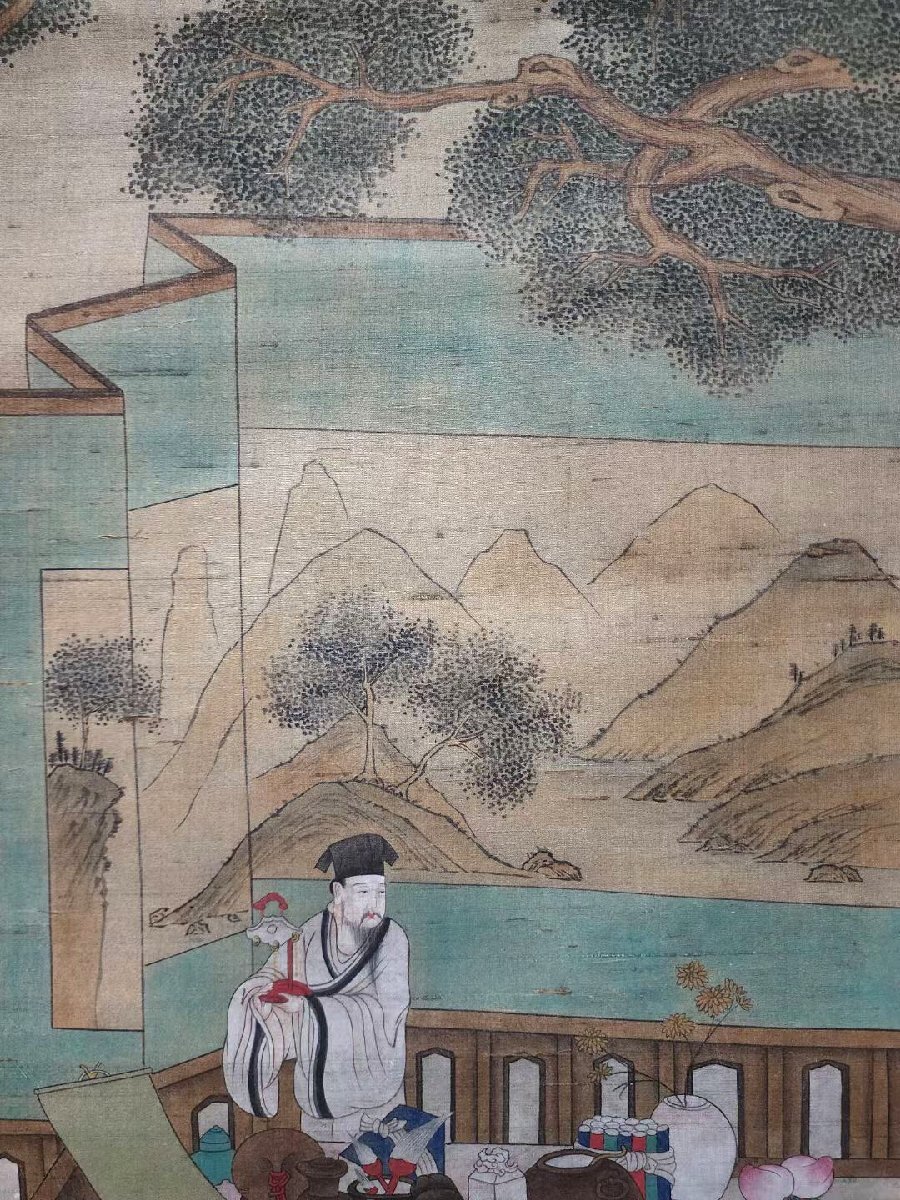 安】中国明時代画家「仇英書」絹本「人物図」掛軸 中国画 墨寶妙