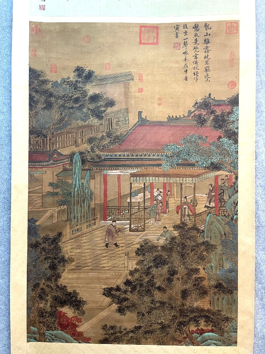 安】中国明時代画家「唐寅書」絹本「山水人物図」掛軸 中国画
