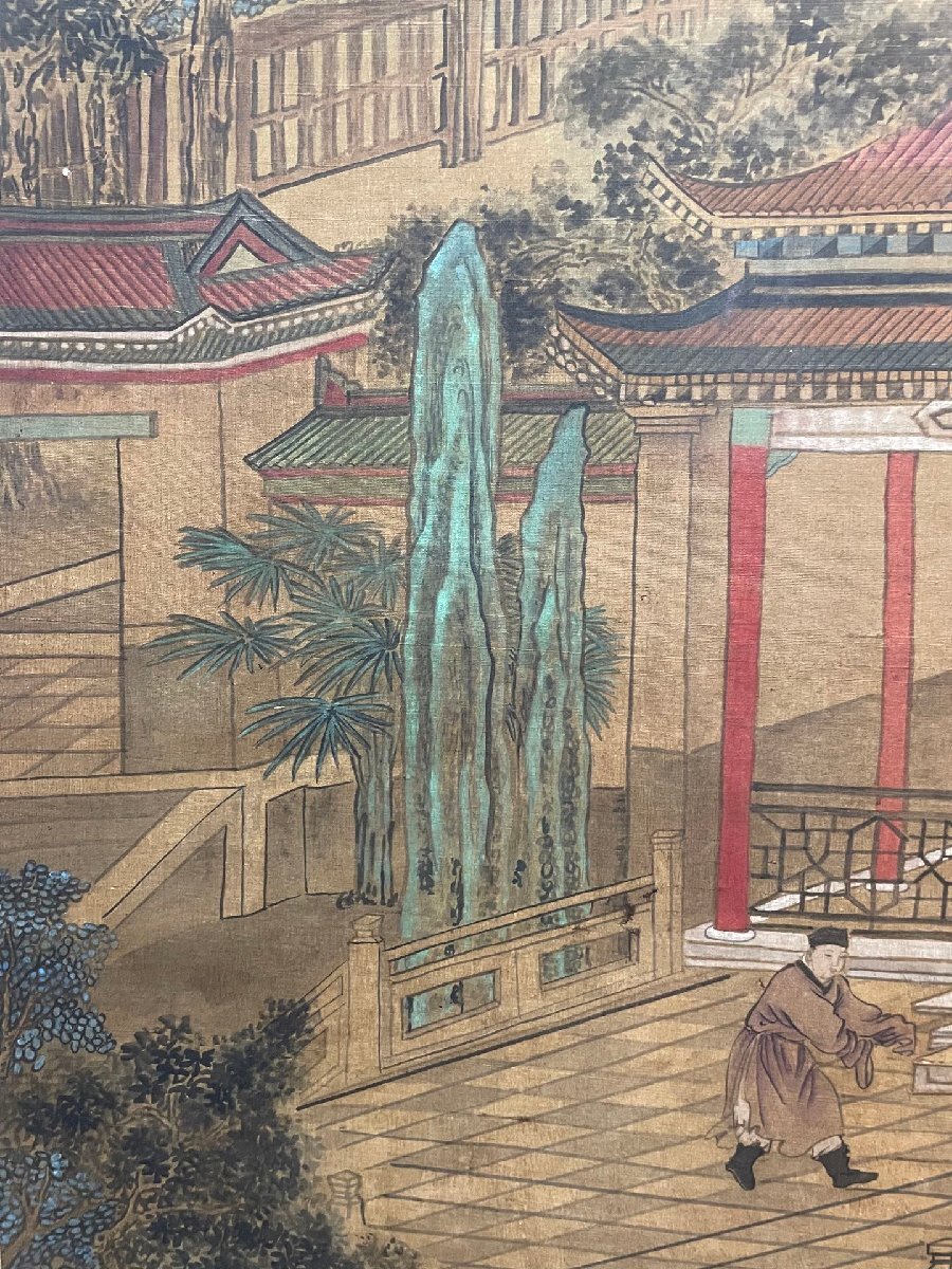 安】中国明時代画家「唐寅書」絹本「山水人物図」掛軸 中国画 安】中国明時代画家「唐寅書」絹本「山水人物図」掛軸 中国画