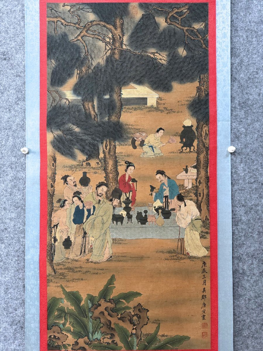 安】中国明時代画家「唐寅書」絹本「人物図」掛軸 中国画 墨寶妙 安】中国明時代画家「唐寅書」絹本「人物図」掛軸 中国画 墨寶妙
