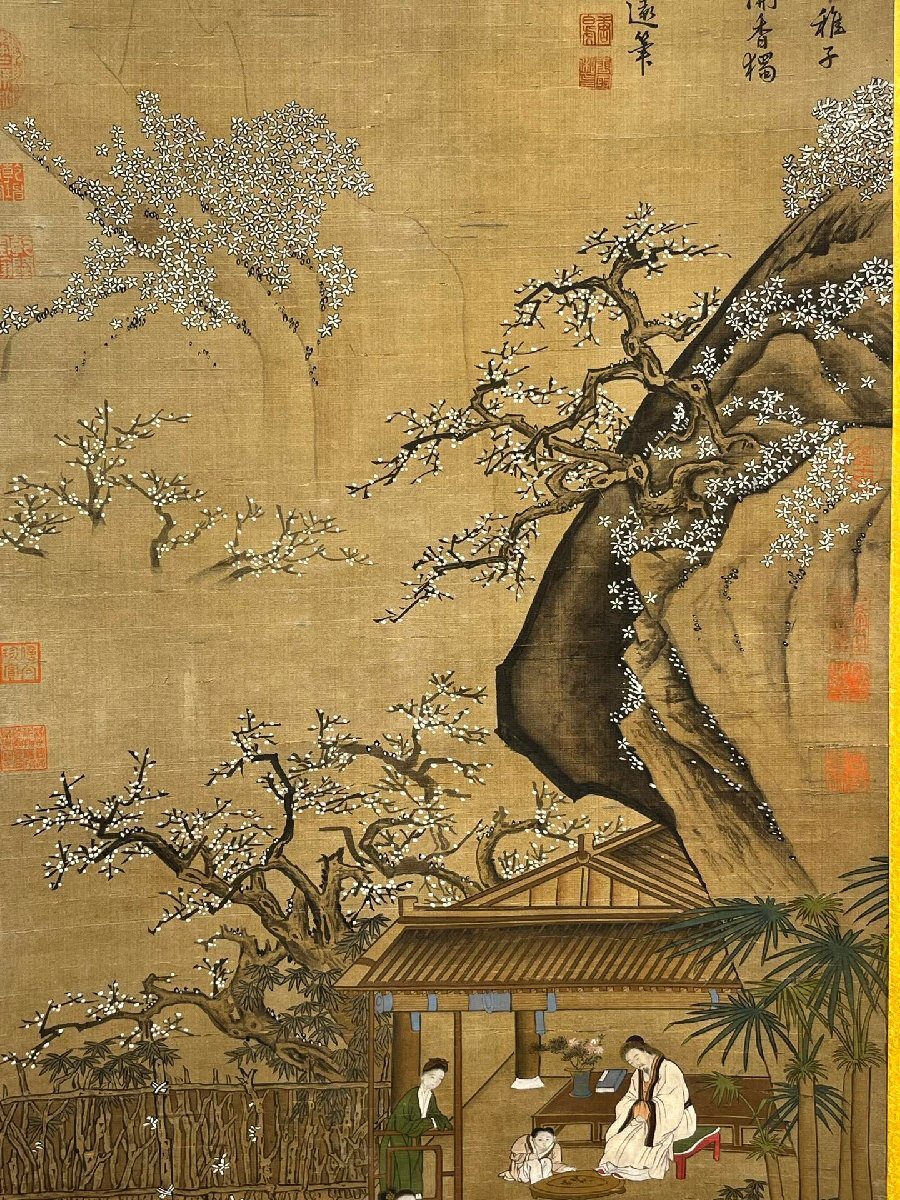 安】中国明時代画家「唐寅書」絹本「人物故事図」掛軸 共箱 安】中国明時代画家「唐寅書」絹本「人物故事図」掛軸 共箱