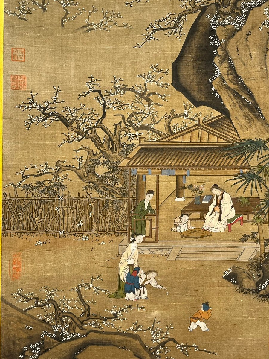 安】中国明時代画家「唐寅書」絹本「人物故事図」掛軸 共箱 安】中国明時代画家「唐寅書」絹本「人物故事図」掛軸 共箱