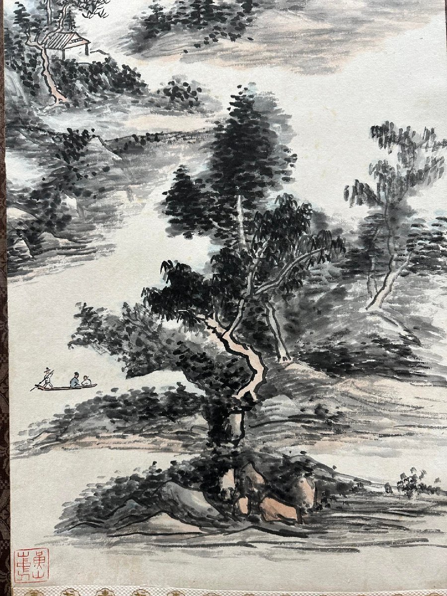 安】中国近時代画家「黄賓虹書」紙本「山水図三条屏」掛軸 共箱