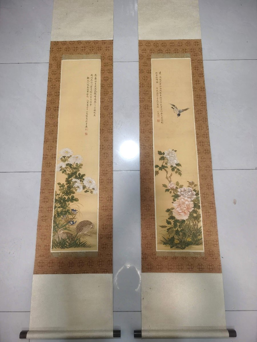 安】中国近時代画家「陸小曼書」絹本「花鳥図対屏」掛軸 中国画 安】中国近時代画家「陸小曼書」絹本「花鳥図対屏」掛軸 中国画