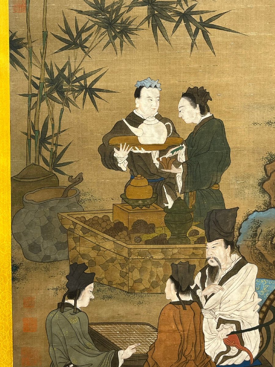 安】中国東晋時代画家「顧愷之書」絹本「竹屏会棋図」掛軸 共箱 安】中国東晋時代画家「顧愷之書」絹本「竹屏会棋図」掛軸 共箱