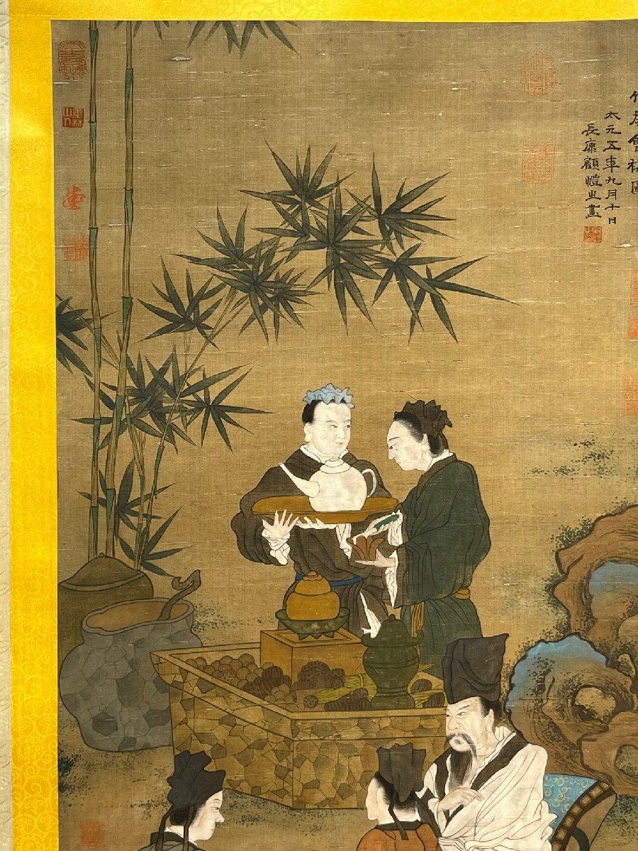 安】中国東晋時代画家「顧愷之書」絹本「竹屏会棋図」掛軸 共箱 安】中国東晋時代画家「顧愷之書」絹本「竹屏会棋図」掛軸 共箱