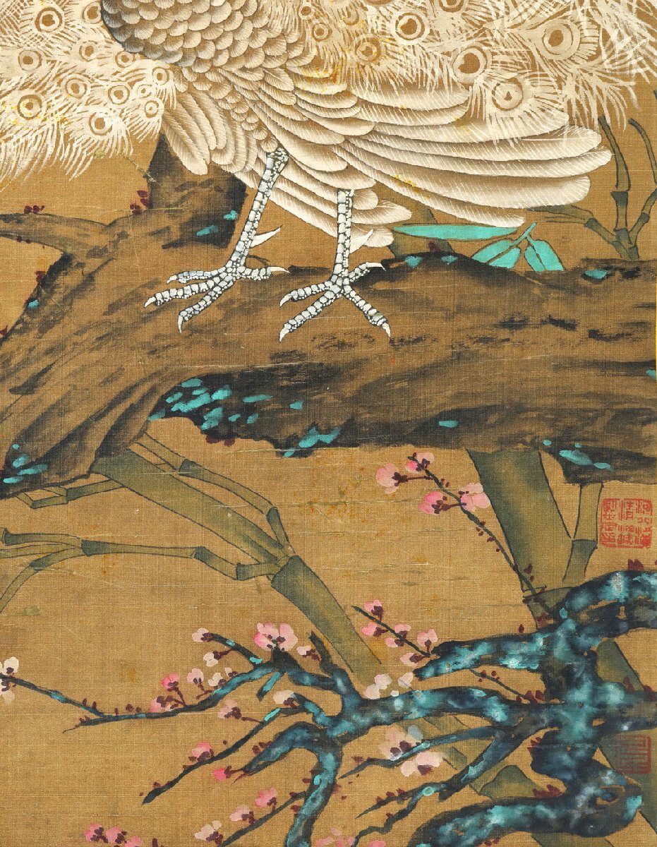 安】中国唐時代画家「辺鸞書」絹本「孔雀芳樹図」掛軸 中国画 安】中国唐時代画家「辺鸞書」絹本「孔雀芳樹図」掛軸 中国画