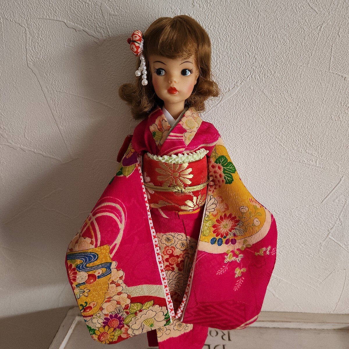 ◇タミーちゃんの正絹お着物、濃い桃色に花、handmade 、豪華 ◇タミーちゃんの正絹お着物、濃い桃色に花、handmade 、豪華