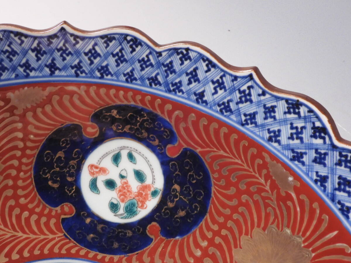 ◇堂◇古伊万里 金彩 色絵 鳳凰 花唐草文 輪花 大飾皿 40cm 無傷 ◇堂◇古伊万里 金彩 色絵 鳳凰 花唐草文 輪花 大飾皿 40cm 無傷