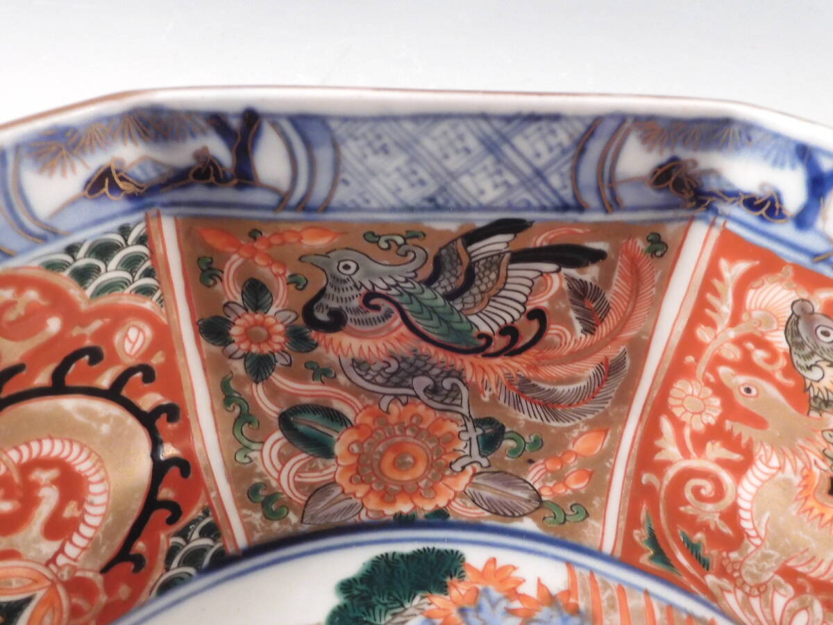 ◇堂◇古伊万里 色絵 窓絵 鹿 人物 花鳥 雲龍文 八角 飾鉢 無傷 ◇堂◇古伊万里 色絵 窓絵 鹿 人物 花鳥 雲龍文 八角 飾鉢 無傷