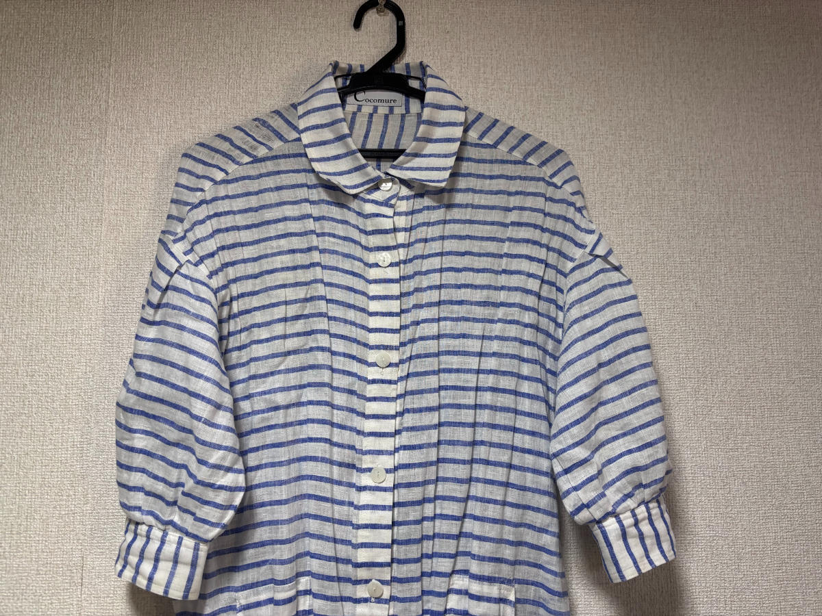 d3840◆ココミュール CocomureストライプリネンロングシャツワンピースFホワイト×ブルー_画像2