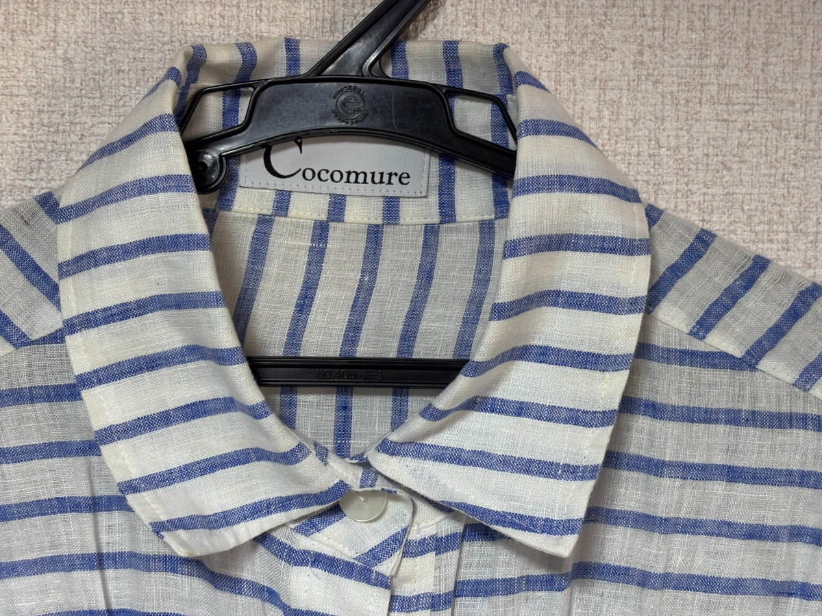 d3840◆ココミュール CocomureストライプリネンロングシャツワンピースFホワイト×ブルー_画像4