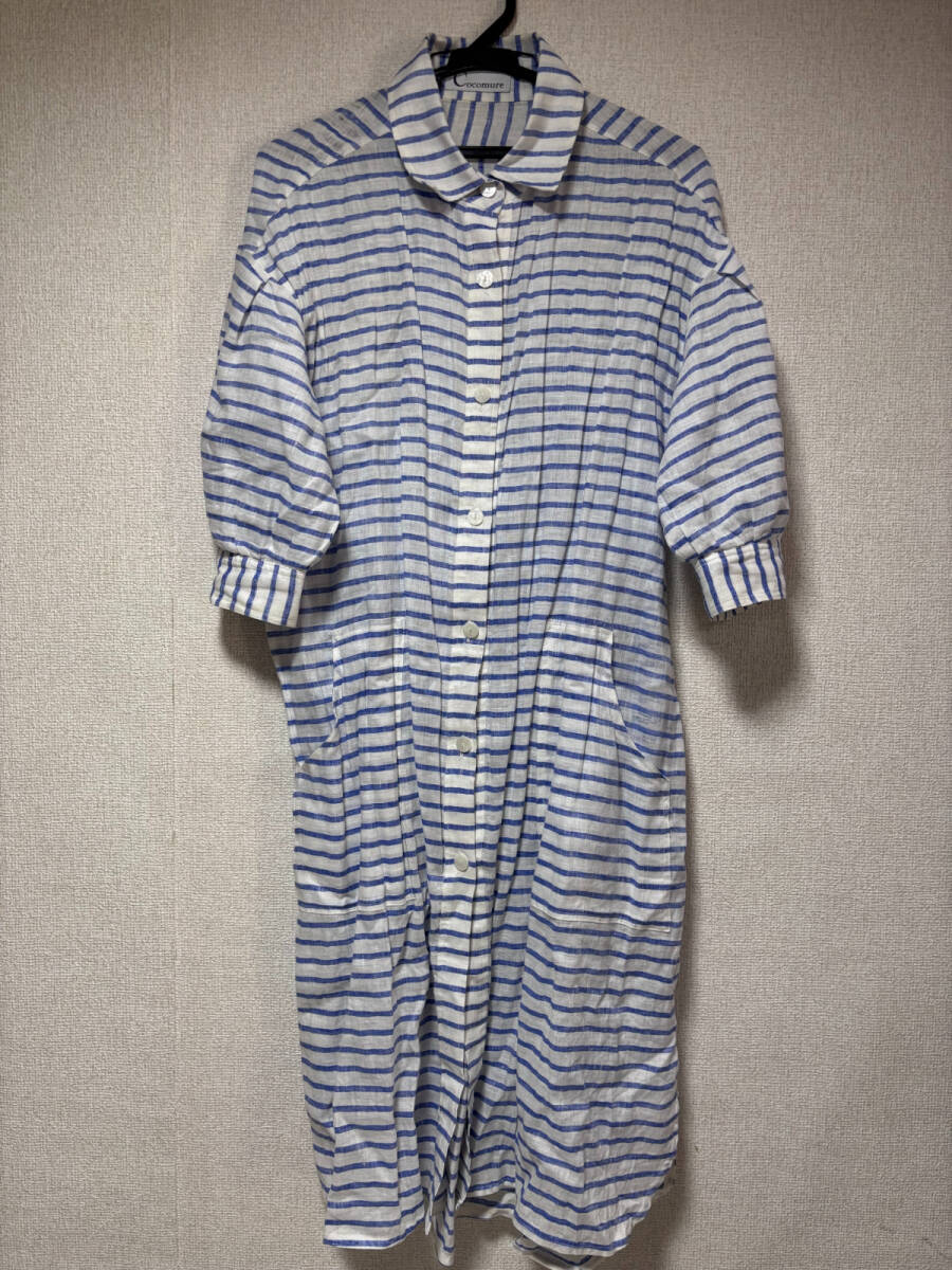 d3840◆ココミュール CocomureストライプリネンロングシャツワンピースFホワイト×ブルー_画像1