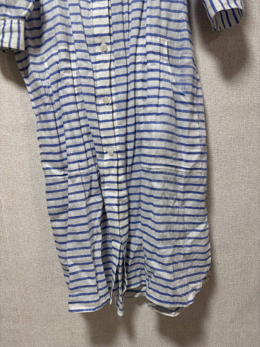 d3840◆ココミュール CocomureストライプリネンロングシャツワンピースFホワイト×ブルー_画像3