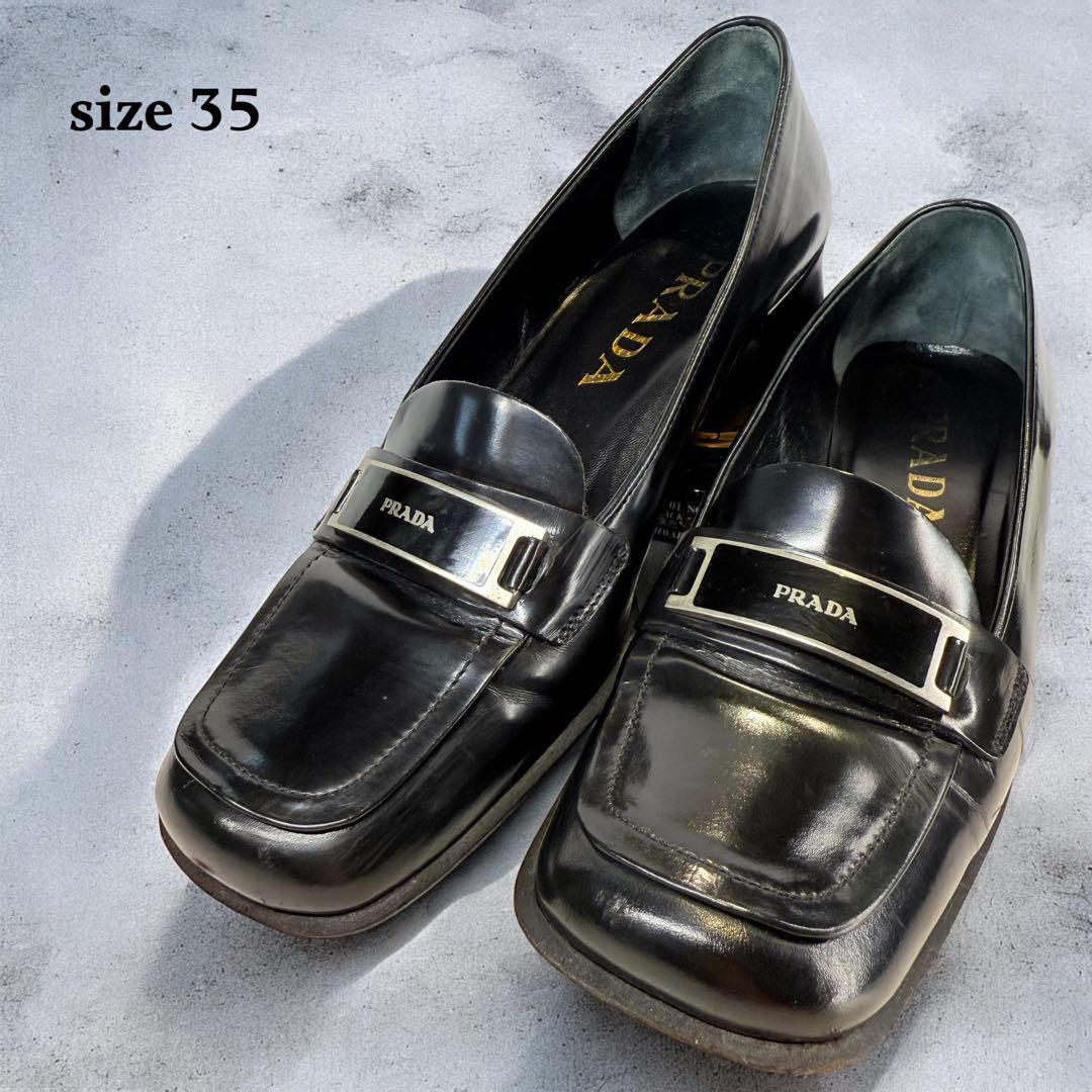 PRADA プラダ パンプス (35)スクエアトゥ 本革 刻印 チャンキー 黒 PRADA プラダ パンプス (35)スクエアトゥ 本革 刻印 チャン