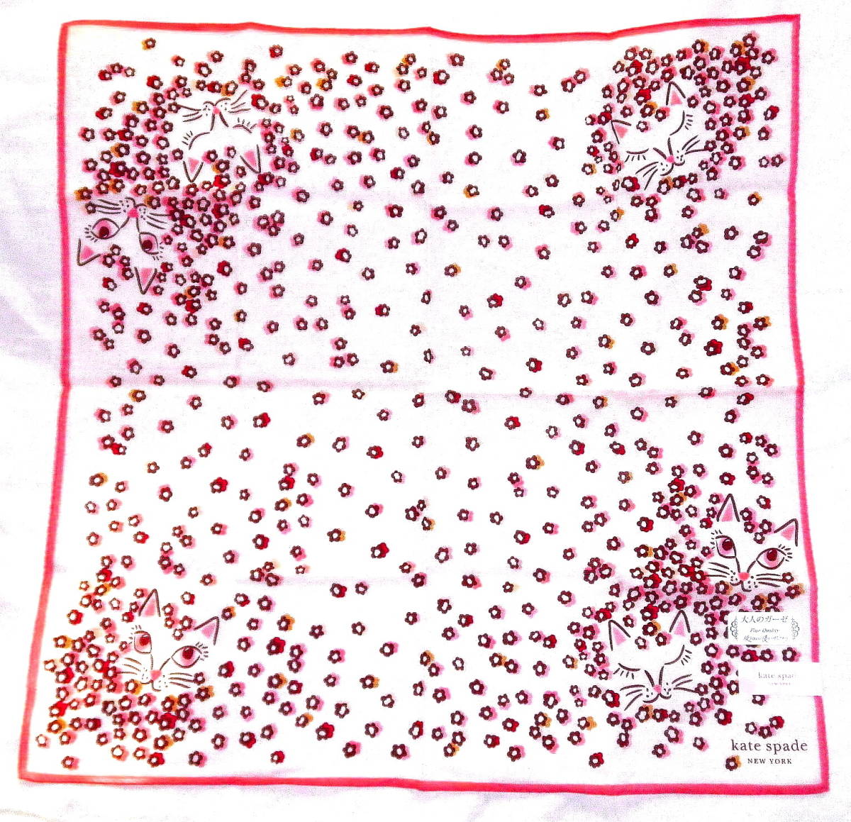 新品即決 Katespade NEWYORK 桜色 花と猫 ケイトスペード ハンカチ リボン さくら スカーフ ピンク キャッツ CATS 猫 未使用 送料180円から_画像2