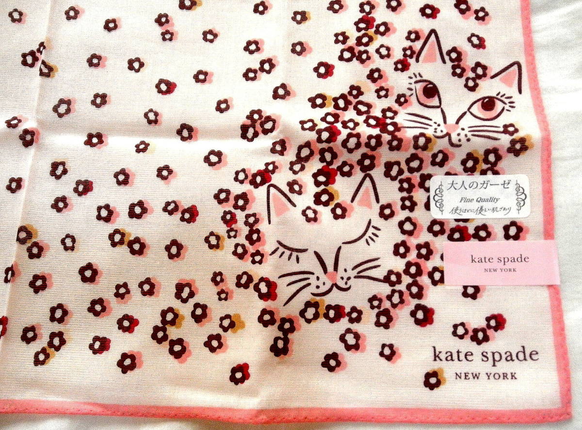 新品即決 Katespade NEWYORK 桜色 花と猫 ケイトスペード ハンカチ リボン さくら スカーフ ピンク キャッツ CATS 猫 未使用 送料180円から_画像1