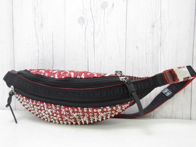 未使用展示品 Christian Louboutin クリスチャンルブタン スタッズ ボディバッグ ウエストポーチ バッグ ナイロン×レザー 黒×赤 83635Y_画像3