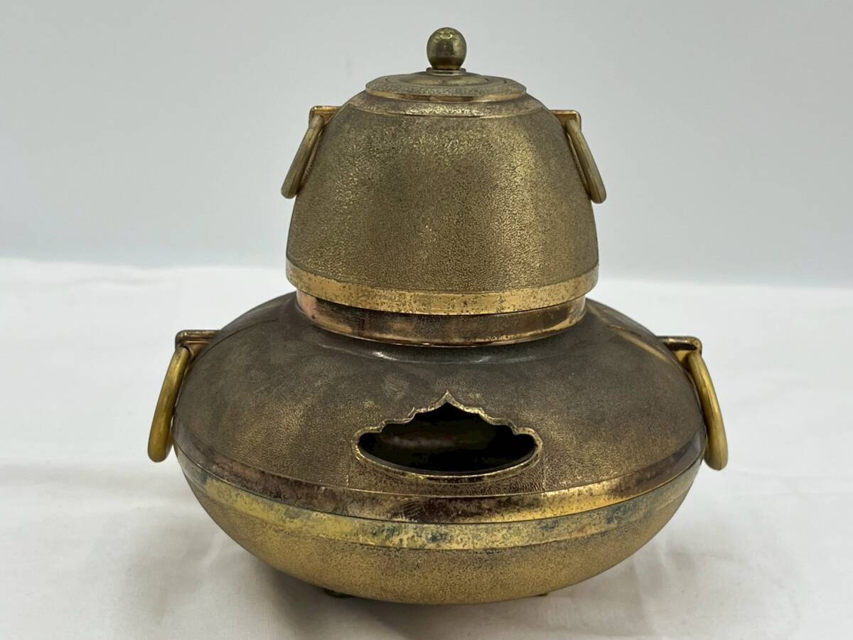 ok6206060/香炉 茶釜 24KGP 真鍮製 二段式三足香炉 高さ15cm 幅 ok6206060/香炉 茶釜 24KGP 真鍮製 二段式三足香炉 高さ15cm 幅