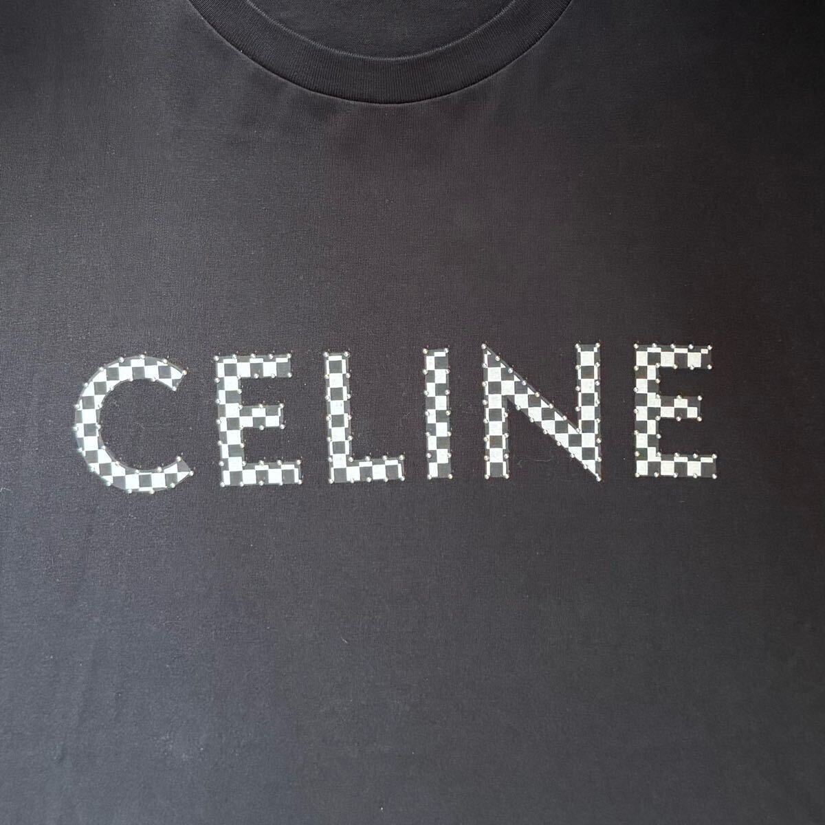 美品】CELINE セリーヌ チェッカースタッズロゴプリント Tシャツ 美品】CELINE セリーヌ チェッカースタッズロゴプリント Tシャツ