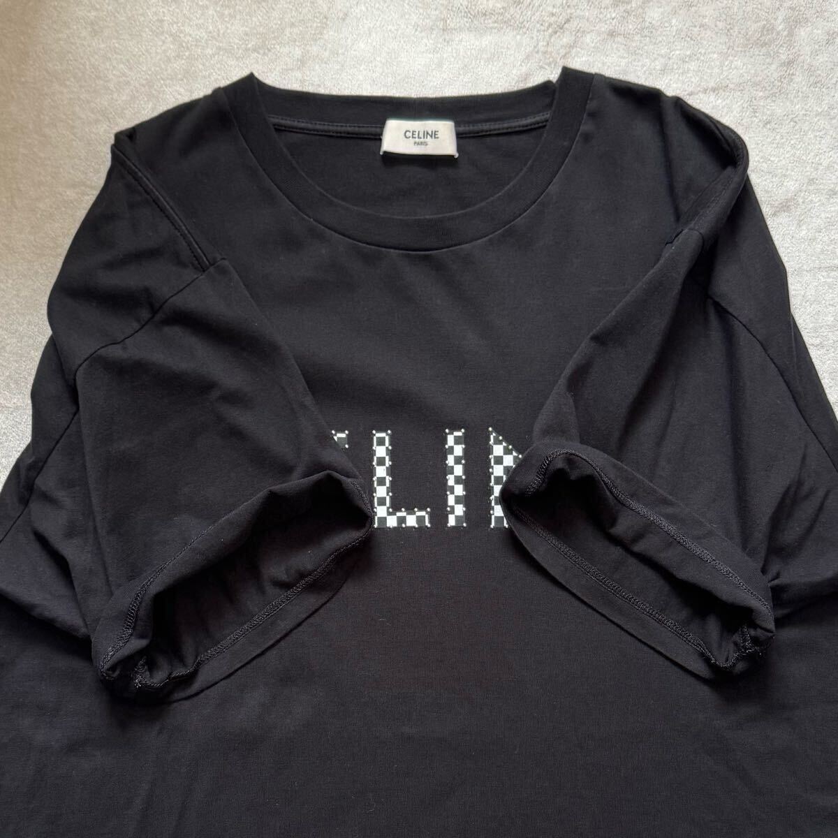 美品】CELINE セリーヌ チェッカースタッズロゴプリント Tシャツ 美品】CELINE セリーヌ チェッカースタッズロゴプリント Tシャツ