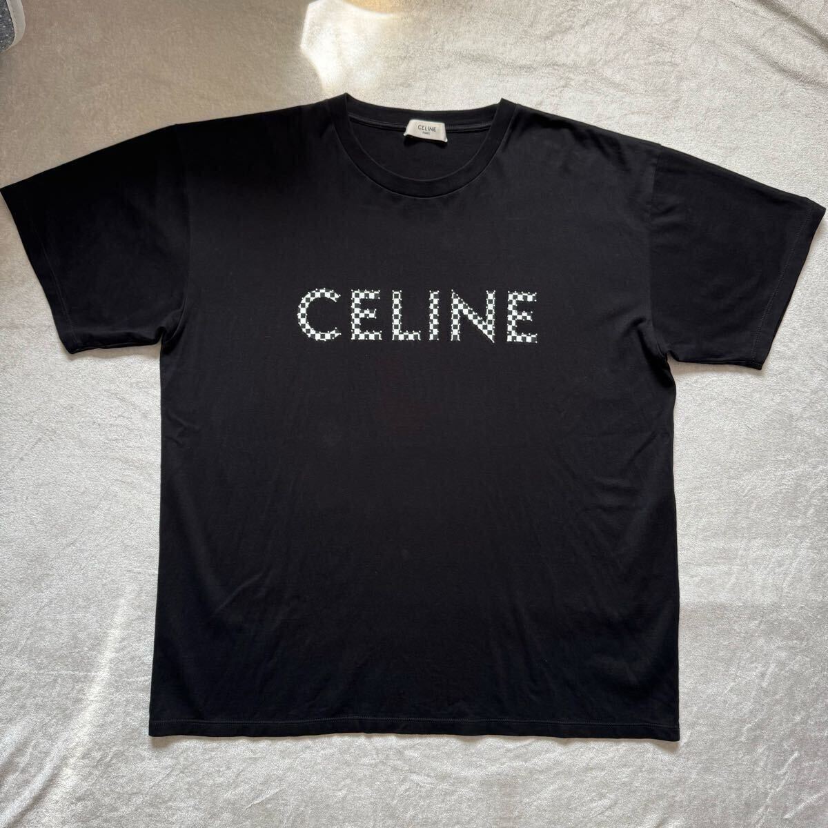 美品】CELINE セリーヌ チェッカースタッズロゴプリント Tシャツ 美品】CELINE セリーヌ チェッカースタッズロゴプリント Tシャツ