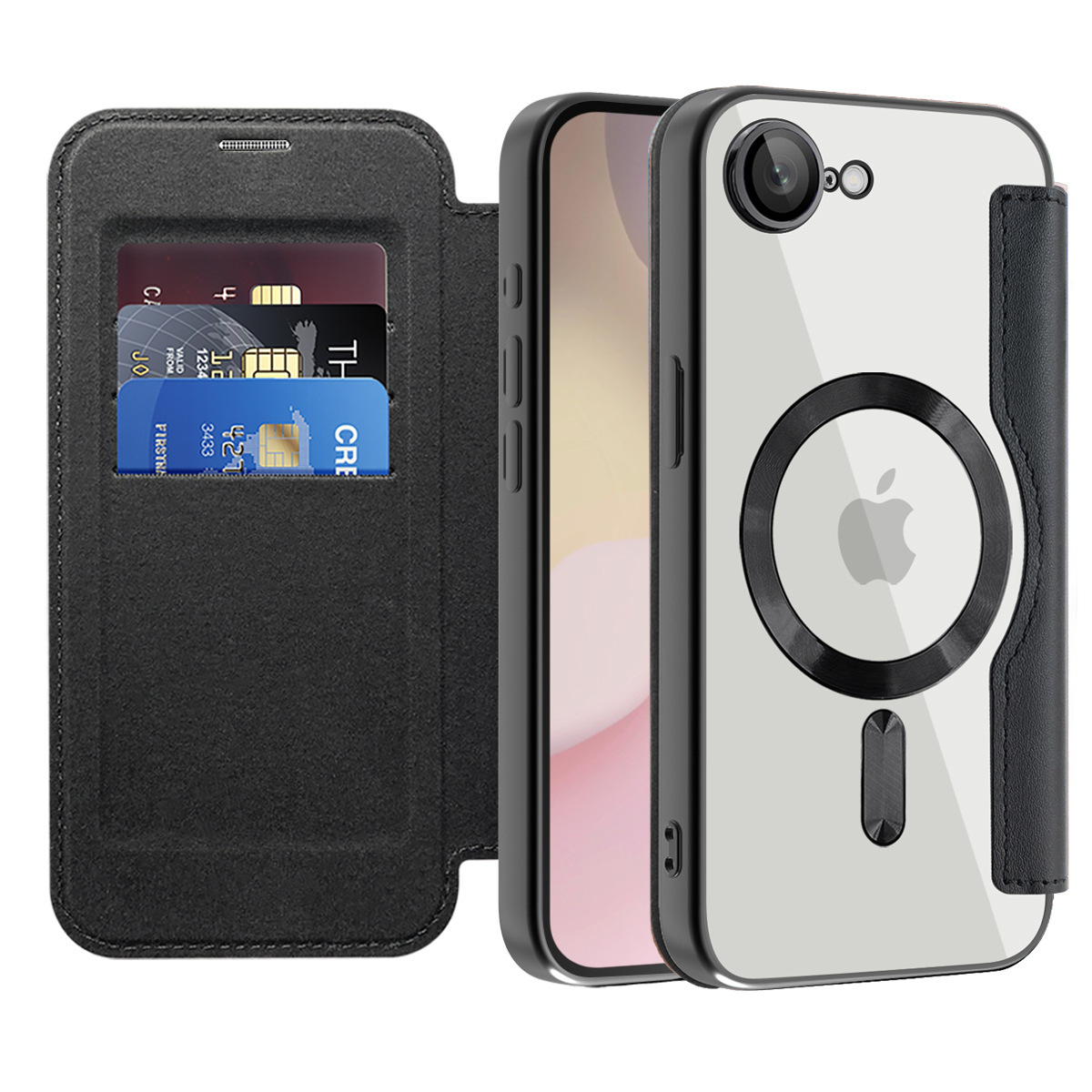 【iPhone 16用・ピンク】MagSafe対応 手帳型 スマホケース iPhone ケース クリア背面 ダイヤレザー カード収納3枚 耐衝撃 桃色