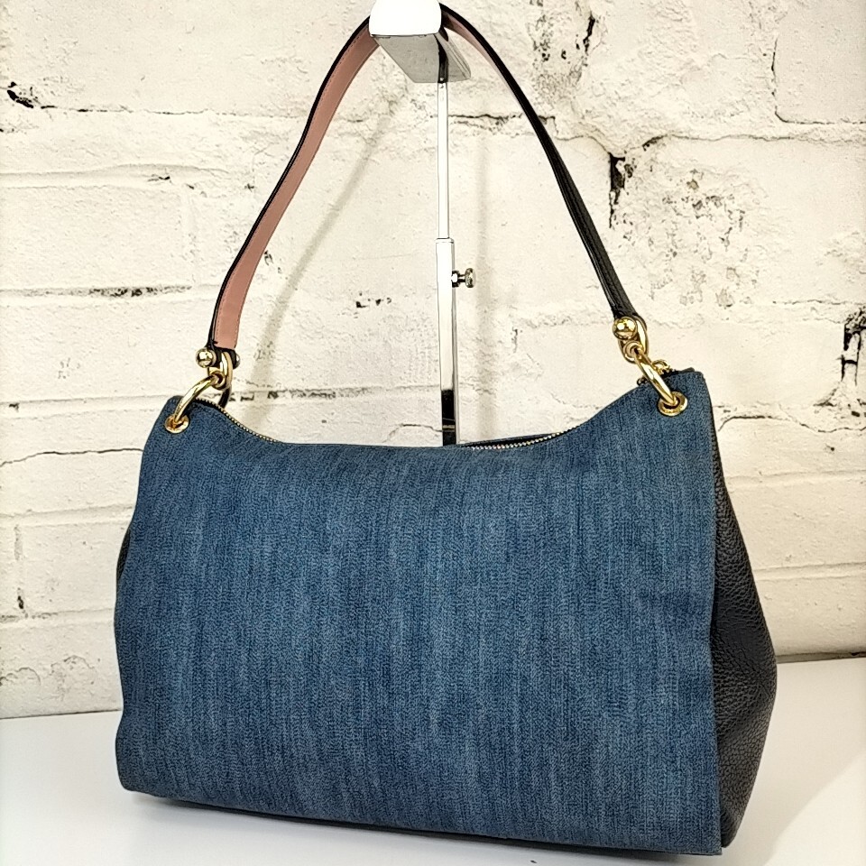 COACH 】 美品 コーチ ゴールド金具 一部 レザー デニム調 COACH 】 美品 コーチ ゴールド金具 一部 レザー デニム調