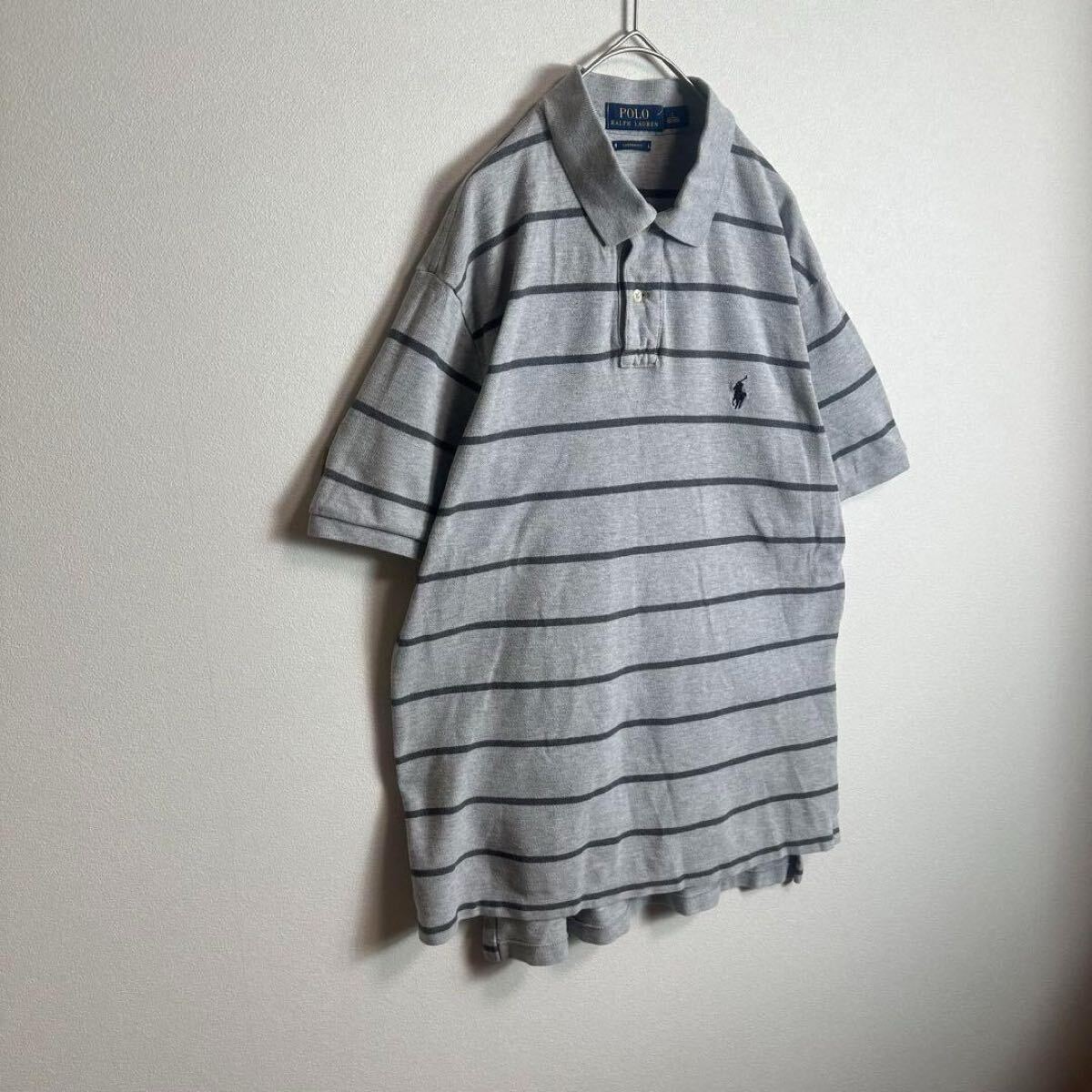 ポロラルフローレン　半袖ポロシャツ　Lサイズ　180cm ボーダー　刺繍ロゴ　グレー　Polo Ralph Lauren