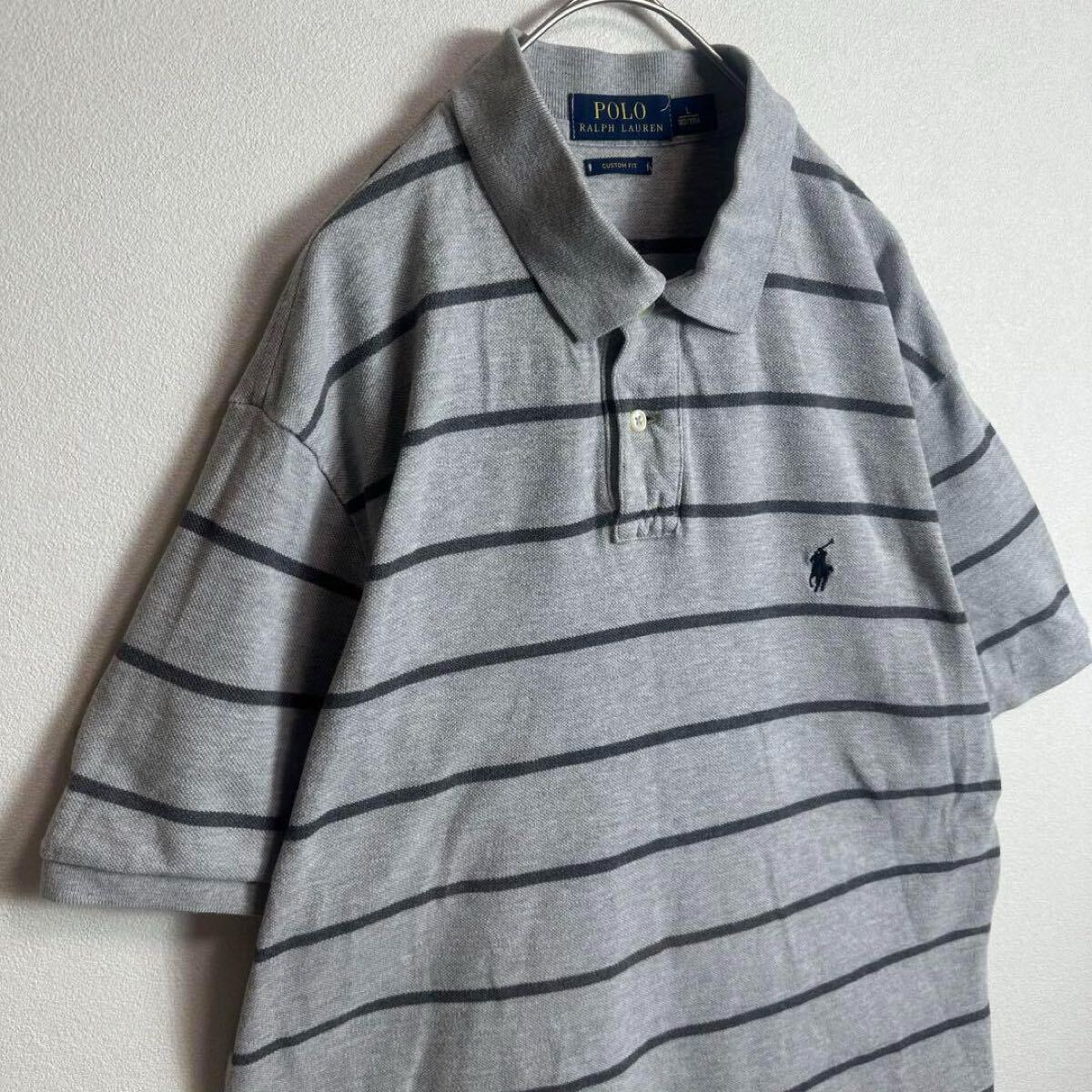 ポロラルフローレン　半袖ポロシャツ　Lサイズ　180cm ボーダー　刺繍ロゴ　グレー　Polo Ralph Lauren