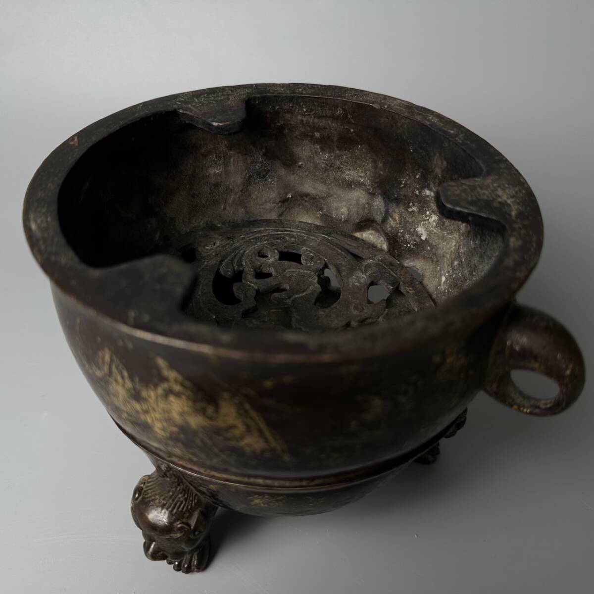 コレクター買取品 中国美術 獅子香炉 古銅金 涼炉 火鉢 在銘 コレクター買取品 中国美術 獅子香炉 古銅金 涼炉 火鉢 在銘
