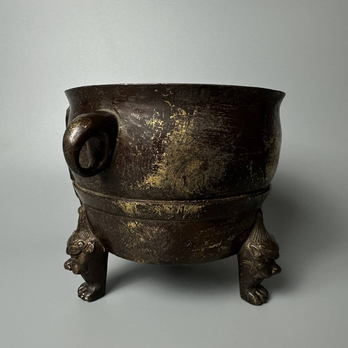 コレクター買取品 中国美術 獅子香炉 古銅金 涼炉 火鉢 在銘 コレクター買取品 中国美術 獅子香炉 古銅金 涼炉 火鉢 在銘