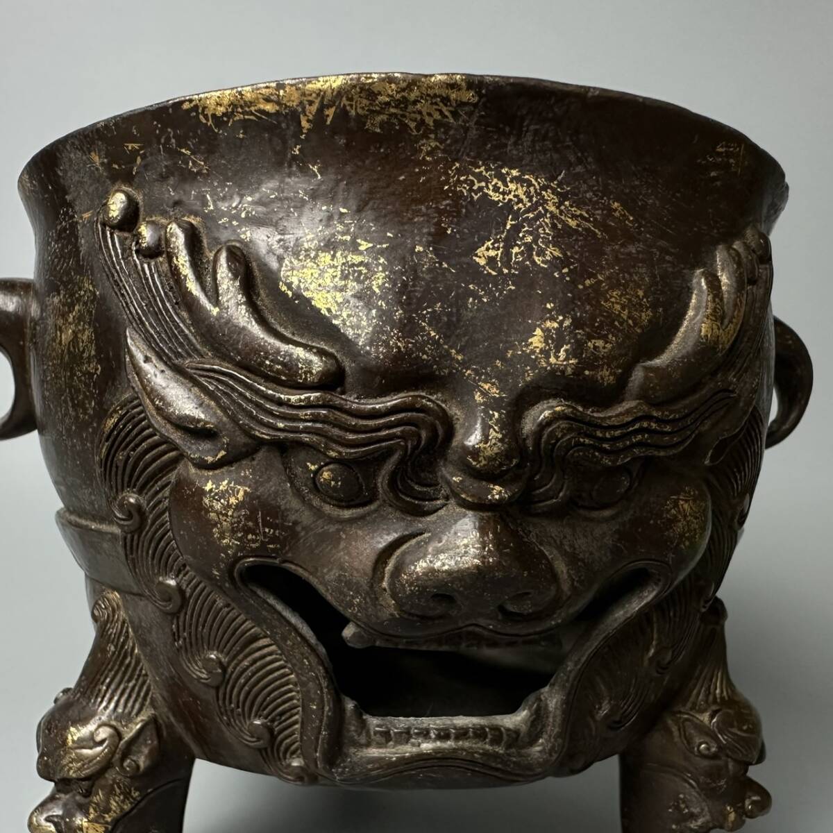 コレクター買取品 中国美術 獅子香炉 古銅金 涼炉 火鉢 在銘 コレクター買取品 中国美術 獅子香炉 古銅金 涼炉 火鉢 在銘