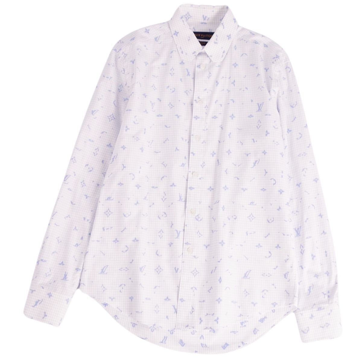 美品 ルイヴィトン LOUIS VUITTON シャツ 19AW DNA モノグラム ロングスリーブ 長(zhǎng)袖 コットン トップス メンズ S ブルー ce03de-rm20e30127