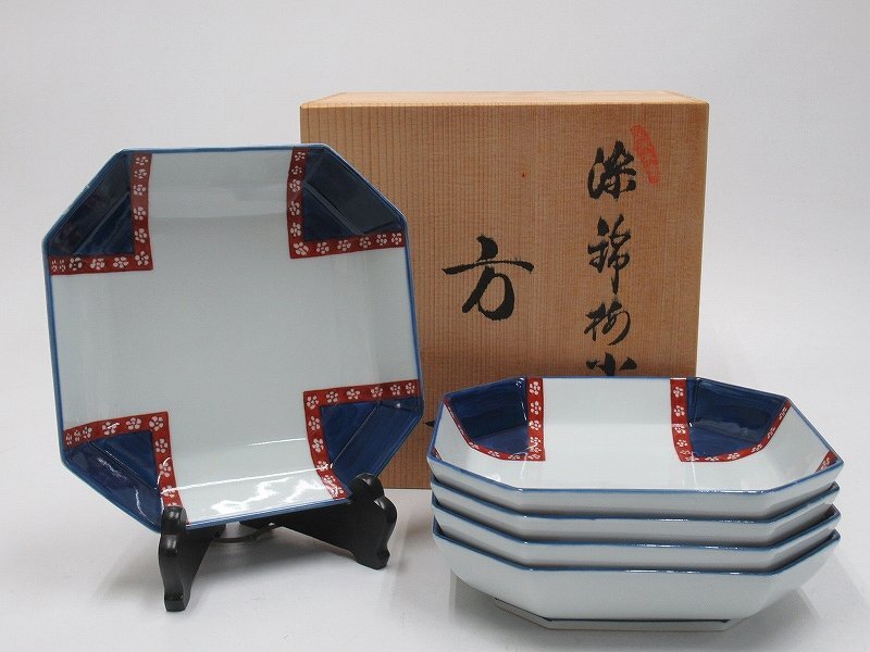 D0872 館林源右衛門 有田焼 染錦 梅小紋 方皿 5客 隅切四方皿 角 D0872 館林源右衛門 有田焼 染錦 梅小紋 方皿 5客 隅切四方皿 角